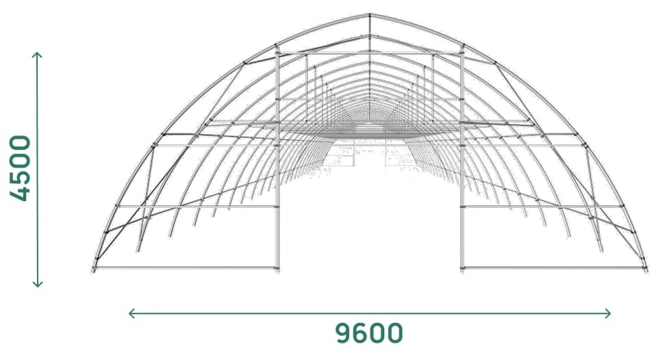 Каркас: пролёт 9 600 мм, высота 4 500 мм